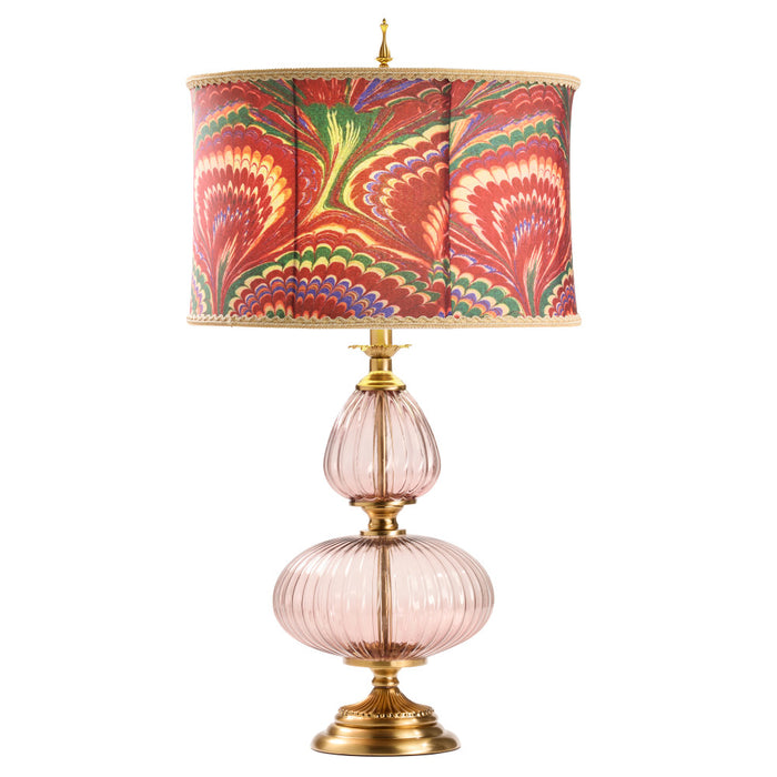 31.5" H Dash Red Printed Drum Shade Geometric Pink Glass Table Lamp-On
