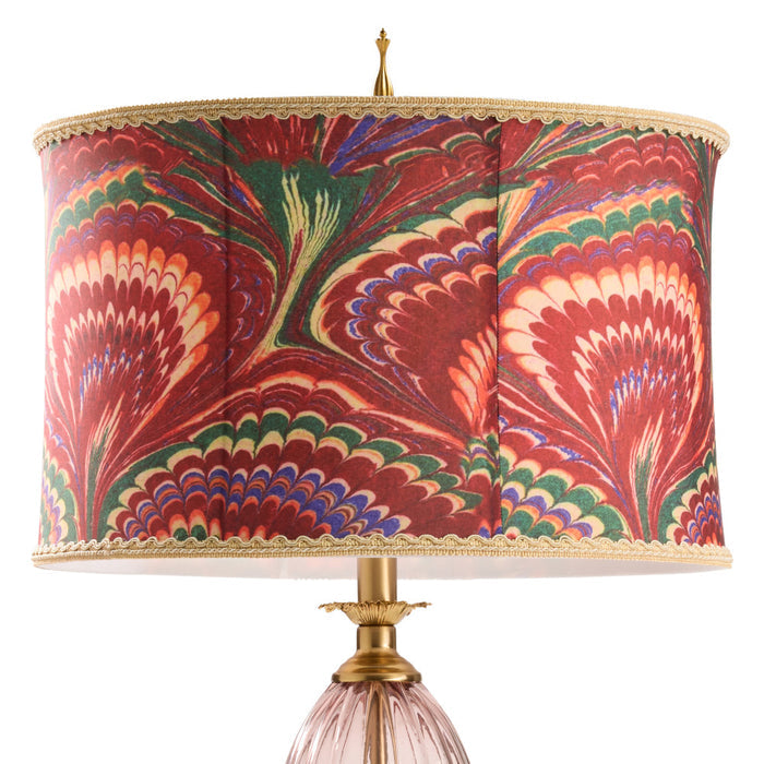 31.5" H Dash Red Printed Drum Shade Geometric Pink Glass Table Lamp. Shade closeup-On