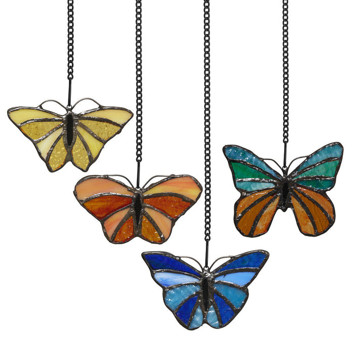 3.2" H Butterfly Kaleidoscope Stained Glass Window Panel Set-Front lit