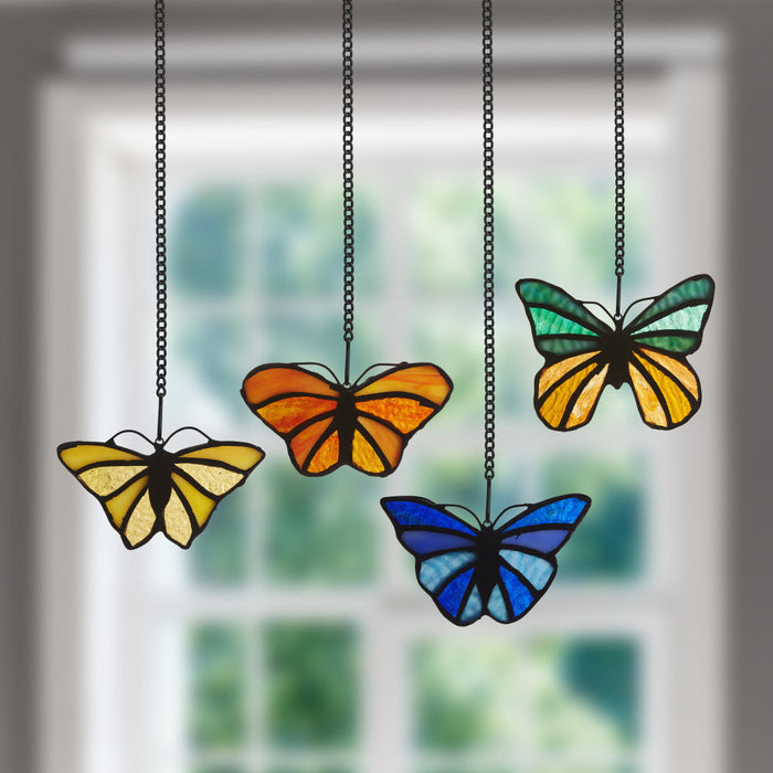 3.2" H Butterfly Kaleidoscope Stained Glass Window Panel Set