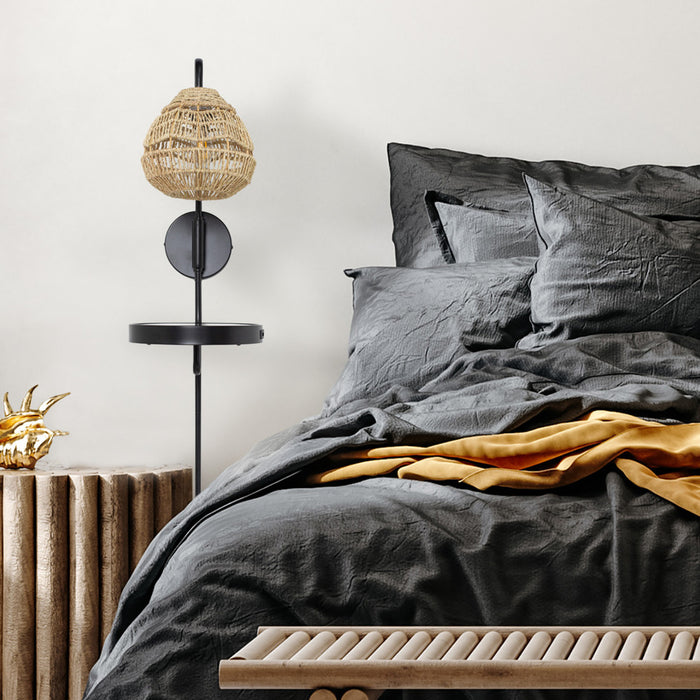 32.75"H Candlestick Wall Sconce with Tan Rattan Shade in a bedroom with gray bedding and gold blanket