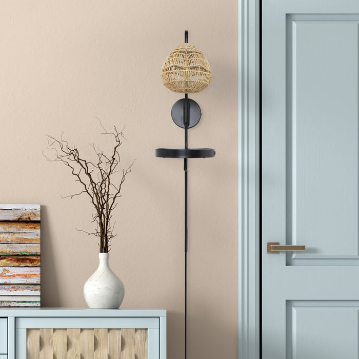 32.75”H Candlestick Wall Sconce with Tan Rattan Shade