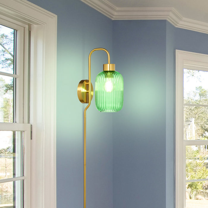 32"H Davia Retro Wall Sconce in a room with windows and blue walls.
