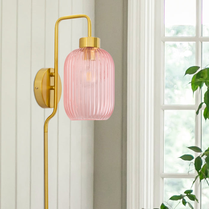 32"H Davia Retro Wall Sconce in a living room with a plant and window