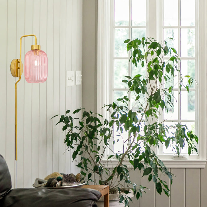 32"H Davia Retro Wall Sconce in a living room with a plant and window