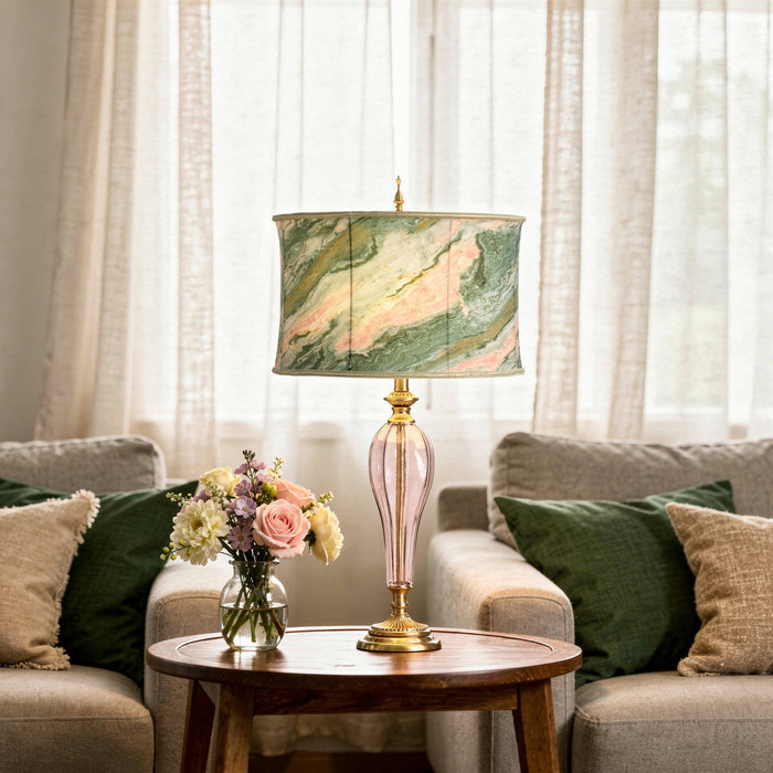 33" H Romance Pink/Green Drum Shade Geometric Glass Table Lamp on a table in a living room setting.