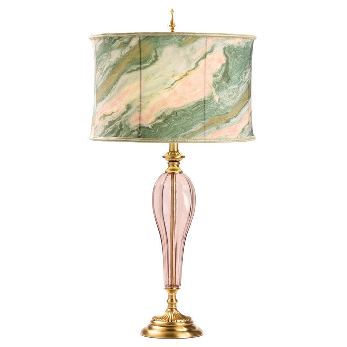 33" H Romance Pink/Green Drum Shade Geometric Glass Table Lamp-On