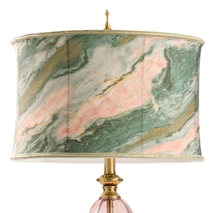 33" H Romance Pink/Green Drum Shade Geometric Glass Table Lamp. Shade closeup-On