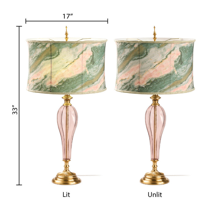 33" H Romance Pink/Green Drum Shade Geometric Glass Table Lamp