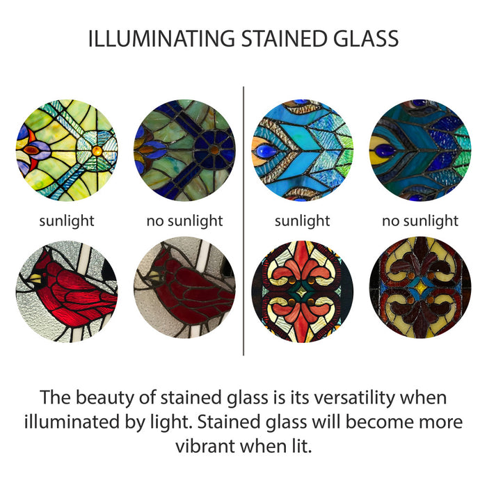Illustration of stained glass patterns showing color changes with sunlight and without sunlight.