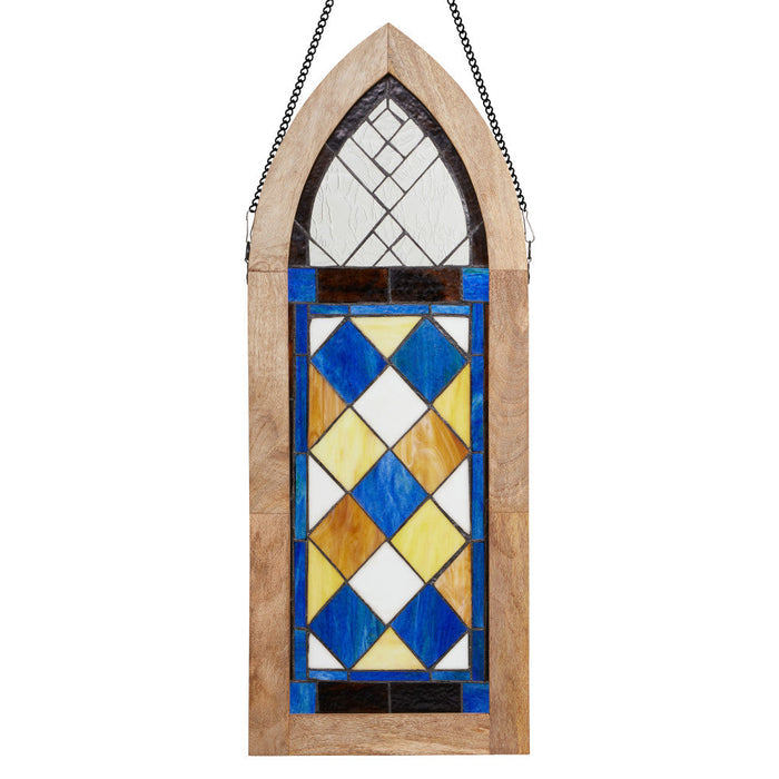 36" H Victorian Checkerboard Cathedral-Style Stained Glass Window Panel-Backlit