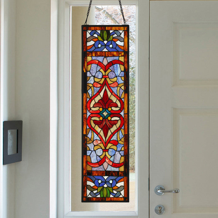 36"H Victorian Stained Glass Fleur De Lis Window Panel hanging in a front entry window.