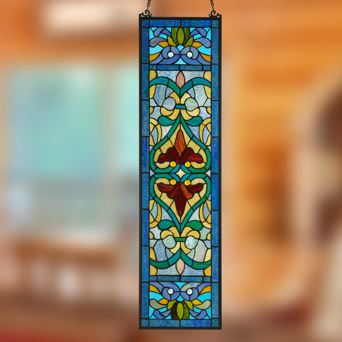 36"H Victorian Stained Glass Fleur De Lis Window Panel on a blurred background