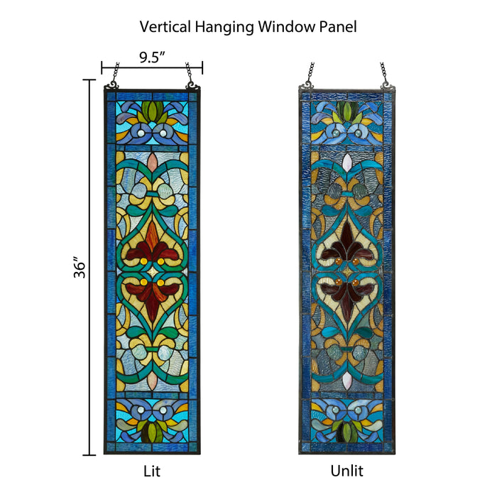 36"H Victorian Stained Glass Fleur De Lis Window Panel