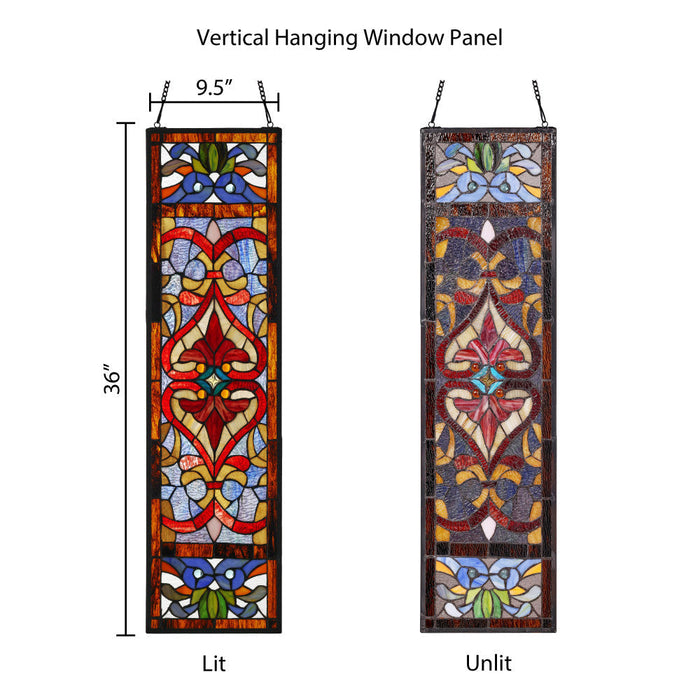 36"H Victorian Stained Glass Fleur De Lis Window Panel