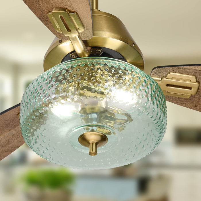 42" W Cecile LED Indoor Hand-Blown Seafoam Green Glass Shade with Dot Texture Ceiling Fan with a blurred background