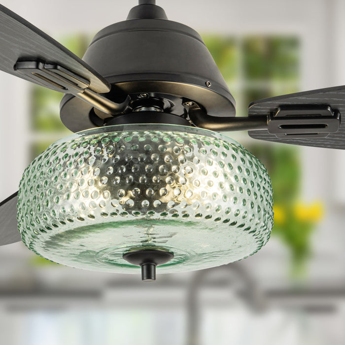42" W Cecile LED Indoor Hand-Blown Seafoam Green Glass Shade with Dot Texture Ceiling Fan with Remote Control against a blurred out background