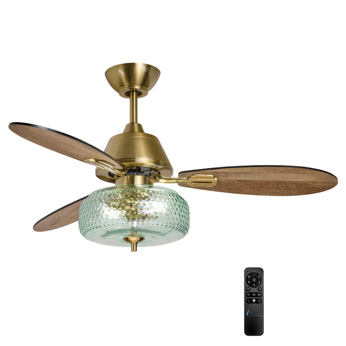42" W Cecile LED Indoor Hand-Blown Seafoam Green Glass Shade with Dot Texture Ceiling Fan with Remote Control - on