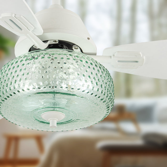 42" W Cecile LED Indoor White Ceiling Fan with Hand-Blown Seafoam Green Glass Shade with Remote Control in a home setting
