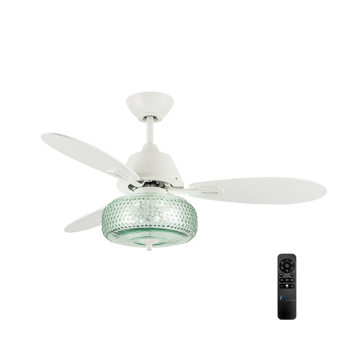 42" W Cecile LED Indoor White Ceiling Fan with Hand-Blown Seafoam Green Glass Shade with Remote Control-On