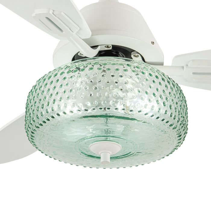 42" W Cecile LED Indoor White Ceiling Fan with Hand-Blown Seafoam Green Glass Shade with Remote Control. Shade closeup-On