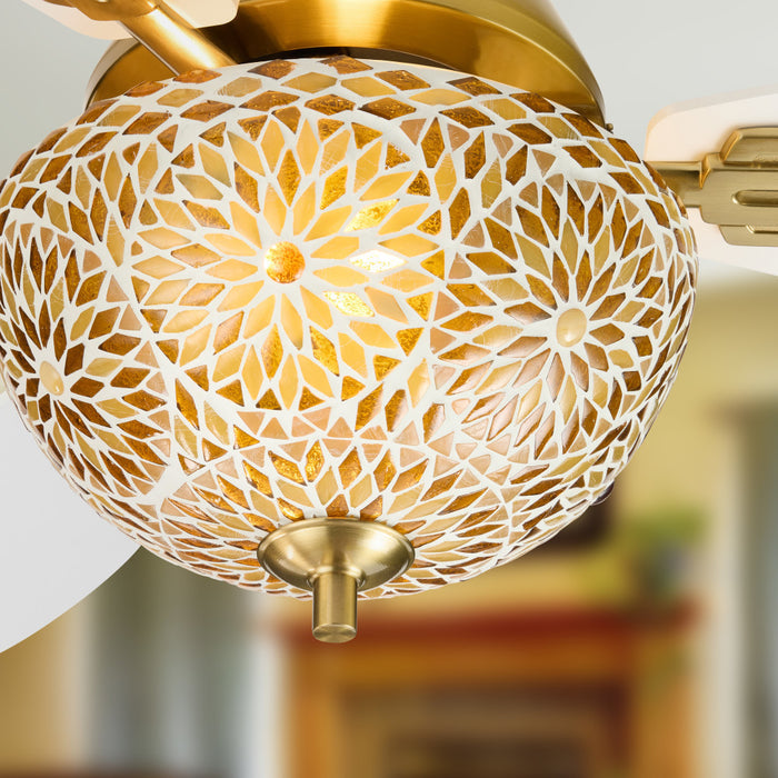 42" W LED Indoor Gold and White Mosaic Glass Ceiling Fan with Remote Control in a blurred living room with a fireplace