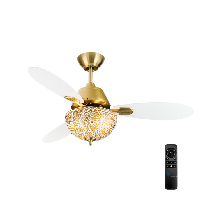 42" W LED Indoor Gold and White Mosaic Glass Ceiling Fan with Remote Control-On