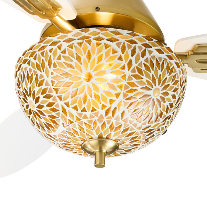 42" W LED Indoor Gold and White Mosaic Glass Ceiling Fan with Remote Control. Shade closeup-On