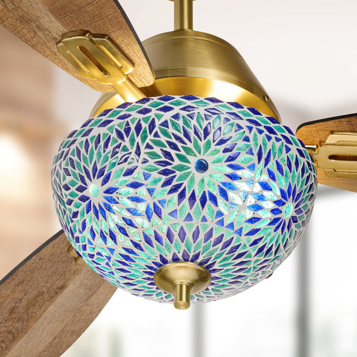 42" W Pierre LED Indoor Blue and Teal Mosaic Glass Ceiling Fan with Remote Control in a room setting