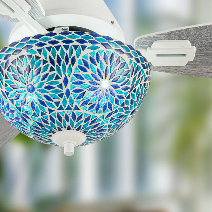 42" W Pierre LED Indoor Blue and Teal Mosaic Glass Ceiling Fan with Remote Control in a blurred out room setting