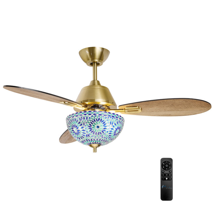 42" W Pierre LED Indoor Blue and Teal Mosaic Glass Ceiling Fan with Remote Control-On