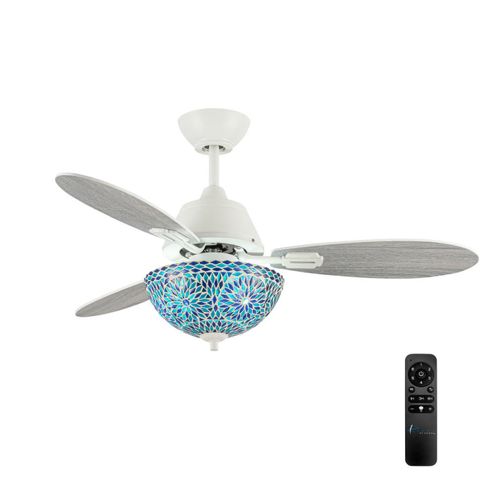 42" W Pierre LED Indoor Blue and Teal Mosaic Glass Ceiling Fan with Remote Control-On