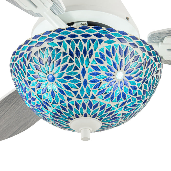 42" W Pierre LED Indoor Blue and Teal Mosaic Glass Ceiling Fan with Remote Control. Shade closeup-On