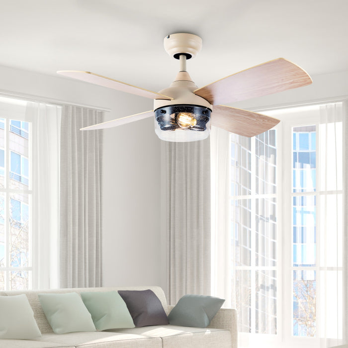 42"W Caelan Remote-Controlled 2-Light Ceiling Fan in a room with large windows and a sofa.