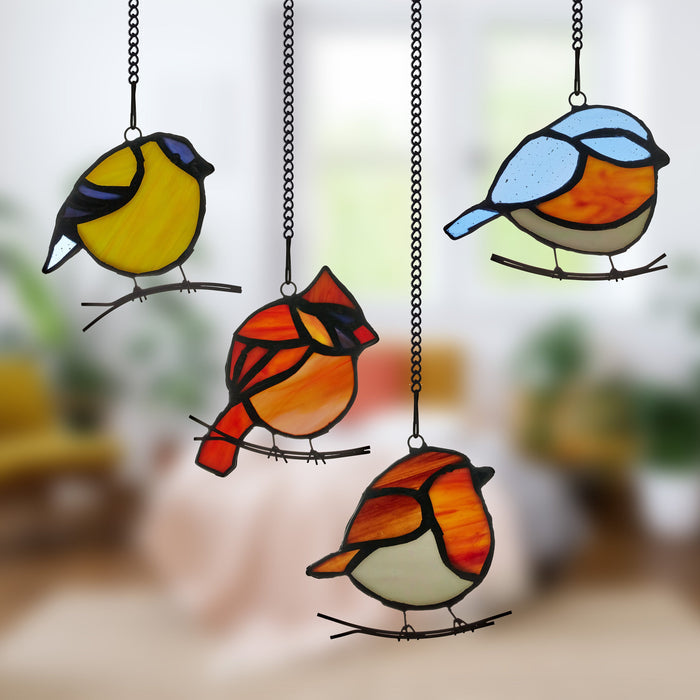 4.5" H Bird Quartet Stained Glass Window Panel Set on a blurred background