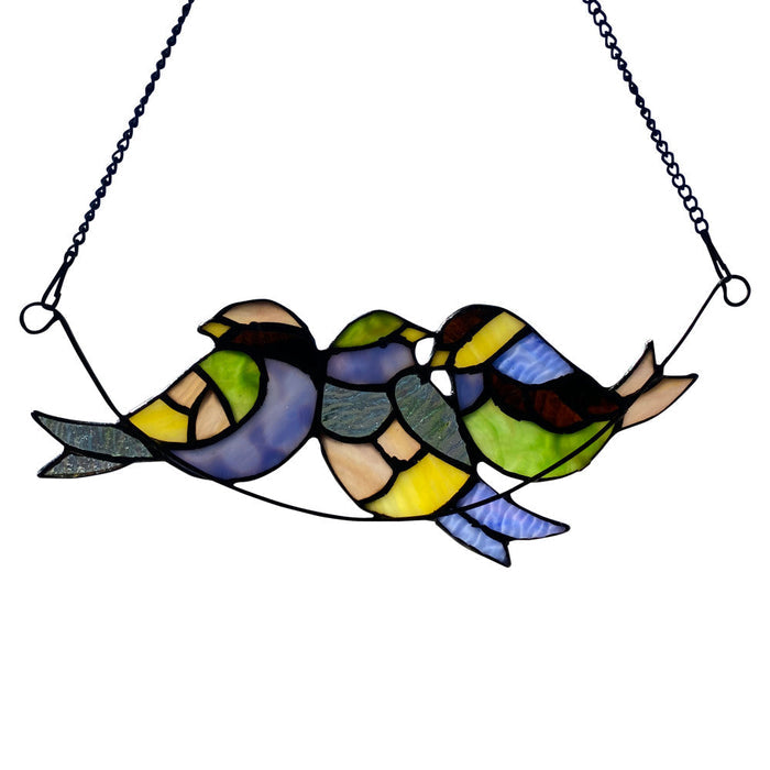 4.5"H Peyton Blue Three Birds Stained Glass Window Panel-Backlit