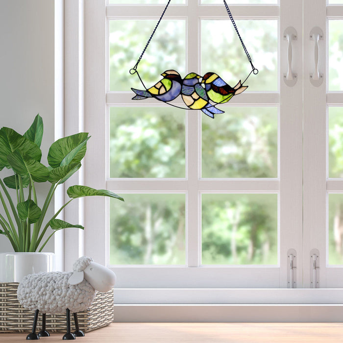 4.5"H Peyton Blue Three Birds Stained Glass Window Panel