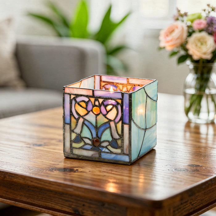 4.75" H Blue Flourishes Stained Glass Candle Holder on a wooden table with a blurred background