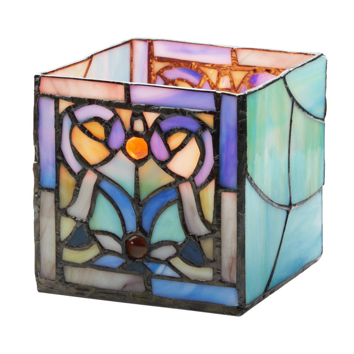 4.75" H Blue Flourishes Stained Glass Candle Holder-Lit