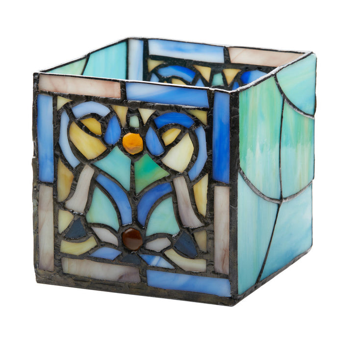 4.75" H Blue Flourishes Stained Glass Candle Holder-No lit