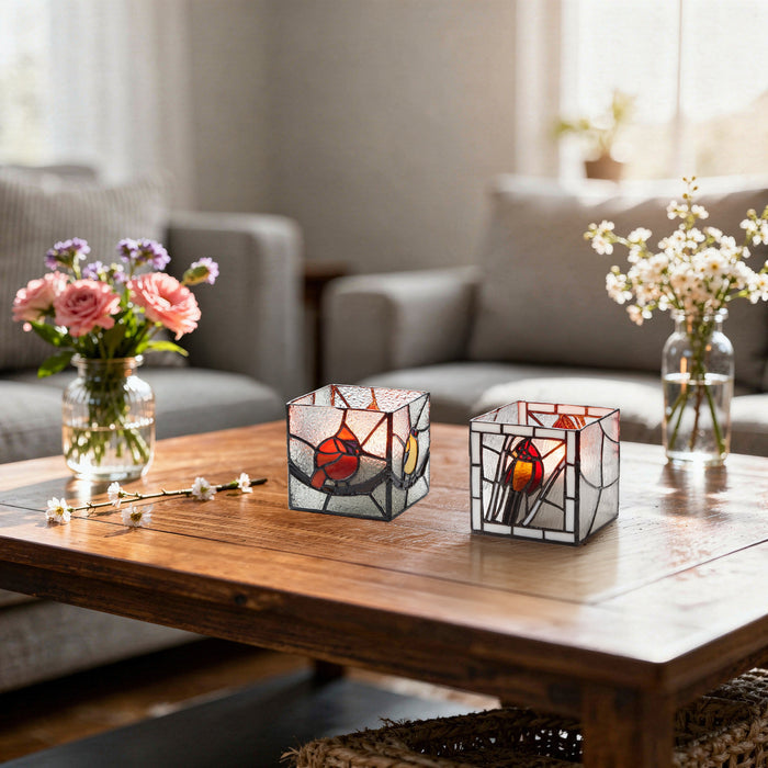 4.75" H Set of 2 Bird Stained Glass Candle Holders on a wooden coffee table with flowers in the background