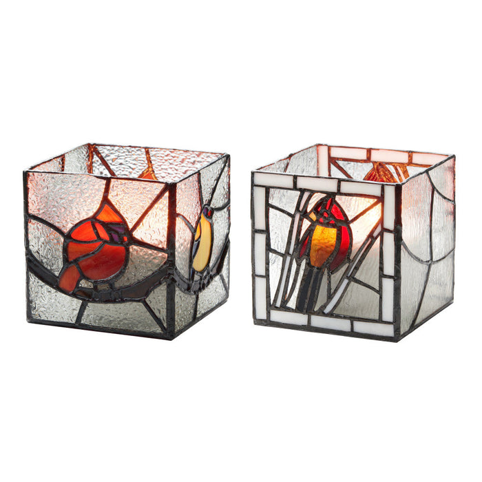 4.75" H Set of 2 Bird Stained Glass Candle Holders-Lit