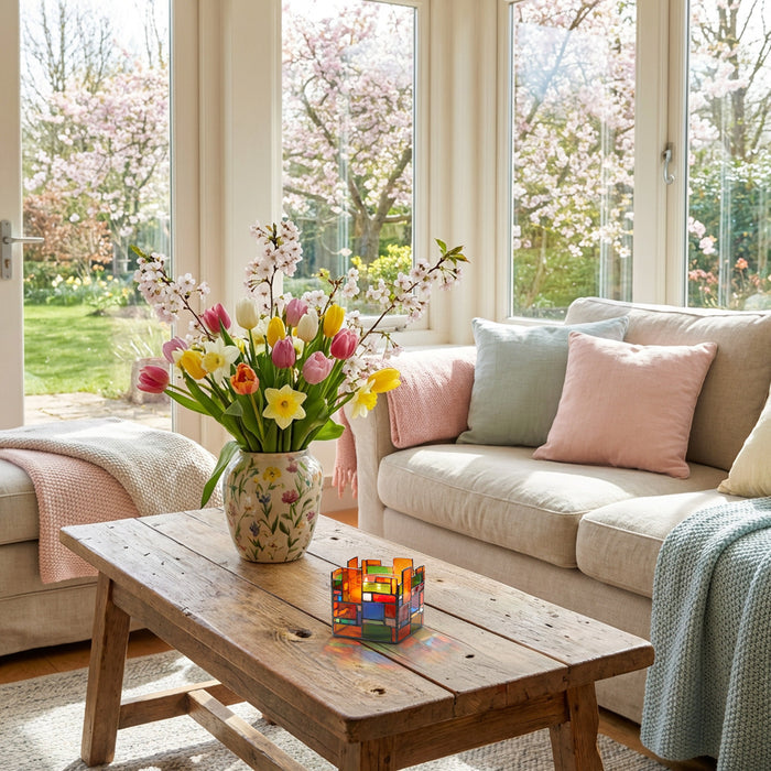 4.75" W Tiffany-Style Geometric Stained Glass Candle Holder in a living room with a wooden coffee table, colorful vase with flowers, and a couch with pillows.