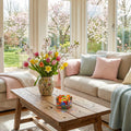 4.75" W Tiffany-Style Geometric Stained Glass Candle Holder in a living room with a wooden coffee table, colorful vase with flowers, and a couch with pillows.