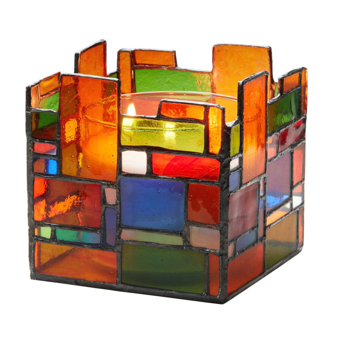 4.75" W Tiffany-Style Geometric Stained Glass Candle Holder-Lit
