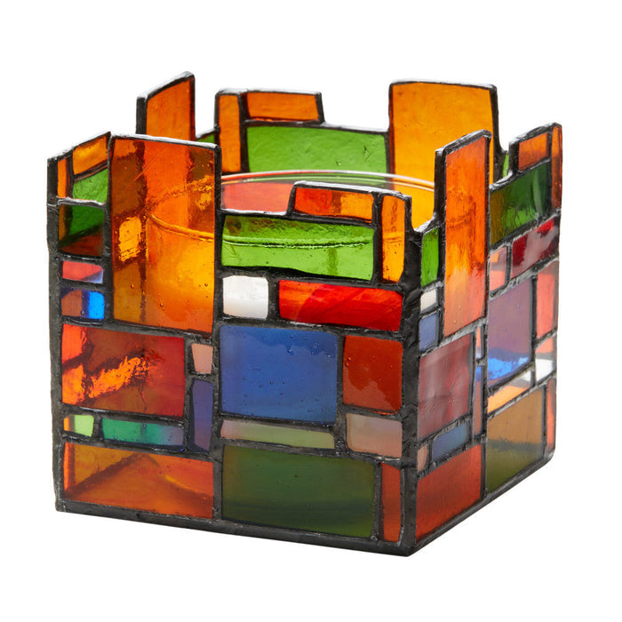 4.75" W Tiffany-Style Geometric Stained Glass Candle Holder-Not lit