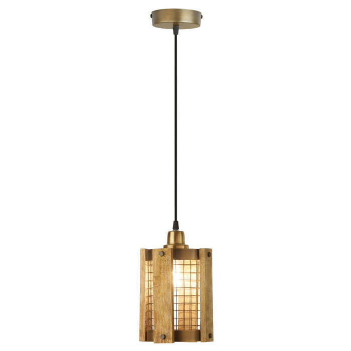 5" Maxine Brushed Gold Metal Pendant Light with Wood Shade-On