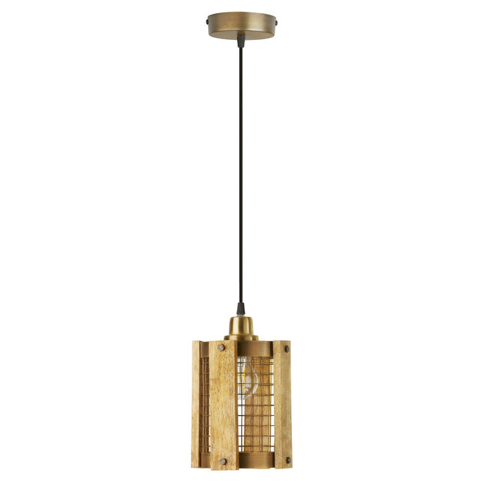 5" Maxine Brushed Gold Metal Pendant Light with Wood Shade-Off