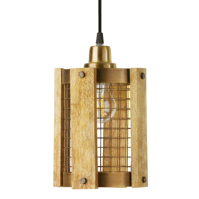 5" Maxine Brushed Gold Metal Pendant Light with Wood Shade. Shade closeup-Off