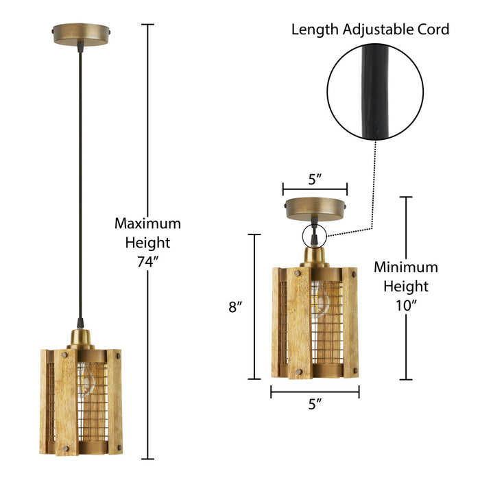 5" Maxine Brushed Gold Metal Pendant Light with Wood Shade